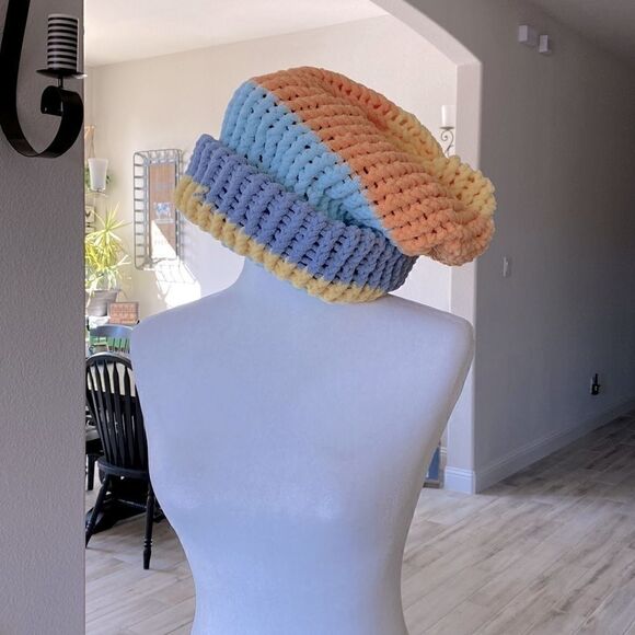 Oversized Colorful Hand-knitted Hat Blue Orange Yellow Crochet Artsy Fun - Picture 5 of 8